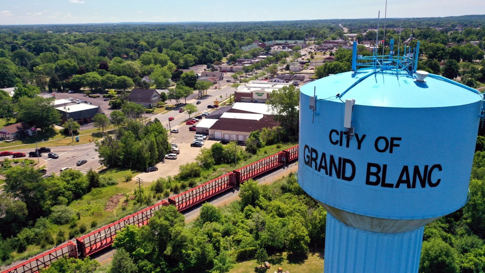 Grand Blanc water tower and surrounding city view